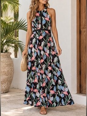 Julia Tropical Flamingo Halter Maxi Dress - Black